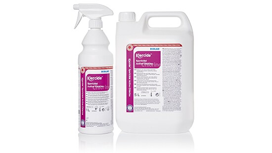 Two bottles of klercide™ Sporicidal Active Chlorine in a spray bottle and a large jug with small text on the label.