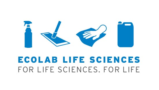 Ecolab life sciences logo with cleaning and sanitation supplies