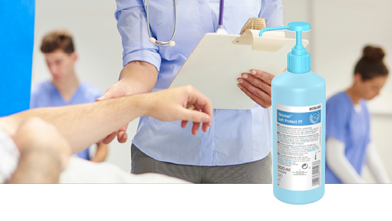 Healthcare professional in blue uniform examining a patient's arm, with a 'Soft Protect FF' hand sanitizer bottle in the foreground.