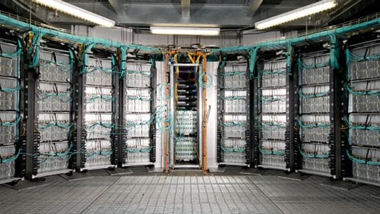 Curved wall of a large server room in a data center